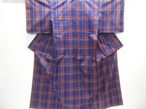未使用品　格子織り出し米沢紬着物アンサンブル
